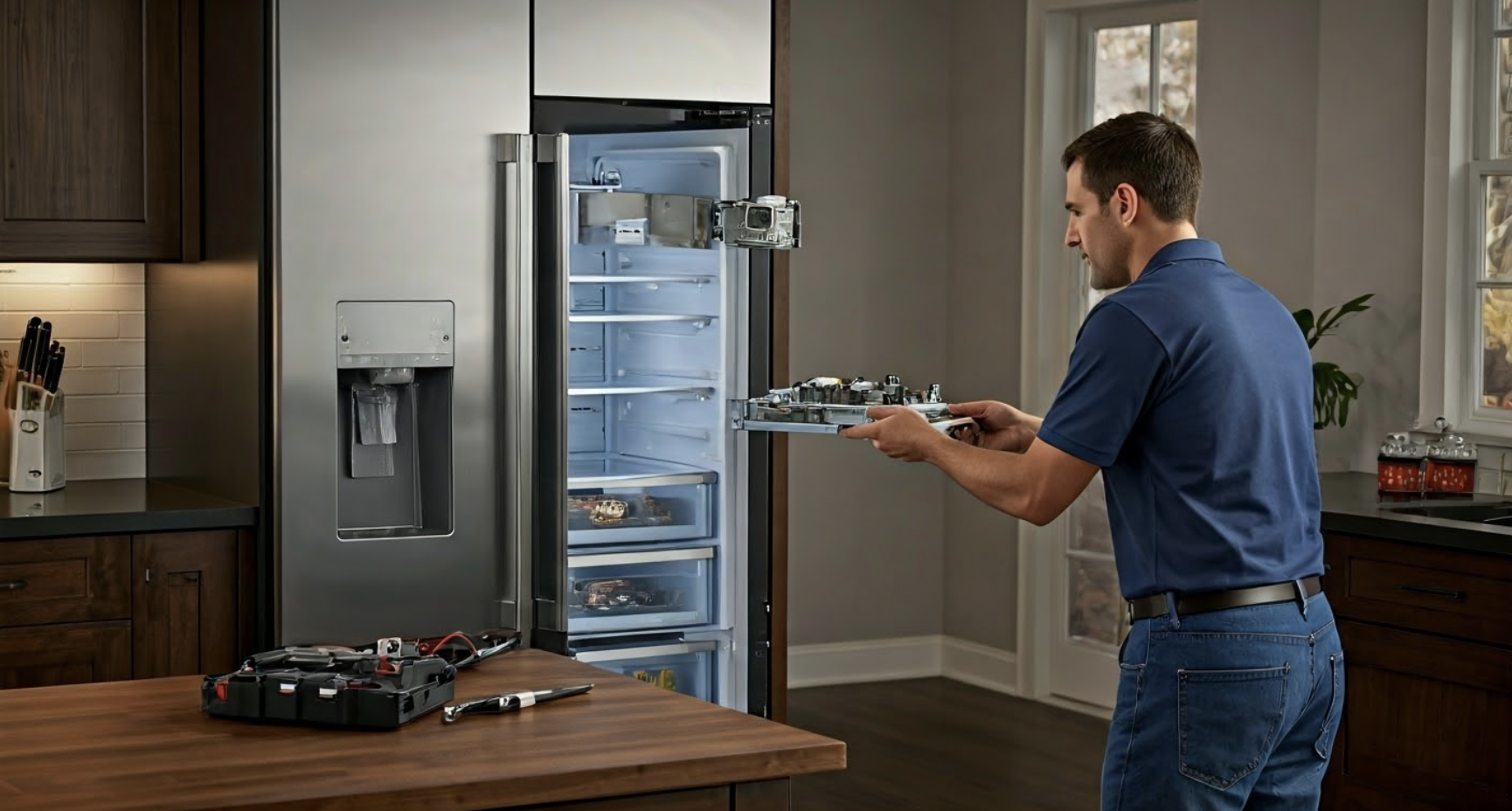 Technician working on Sub Zero refrigerator.